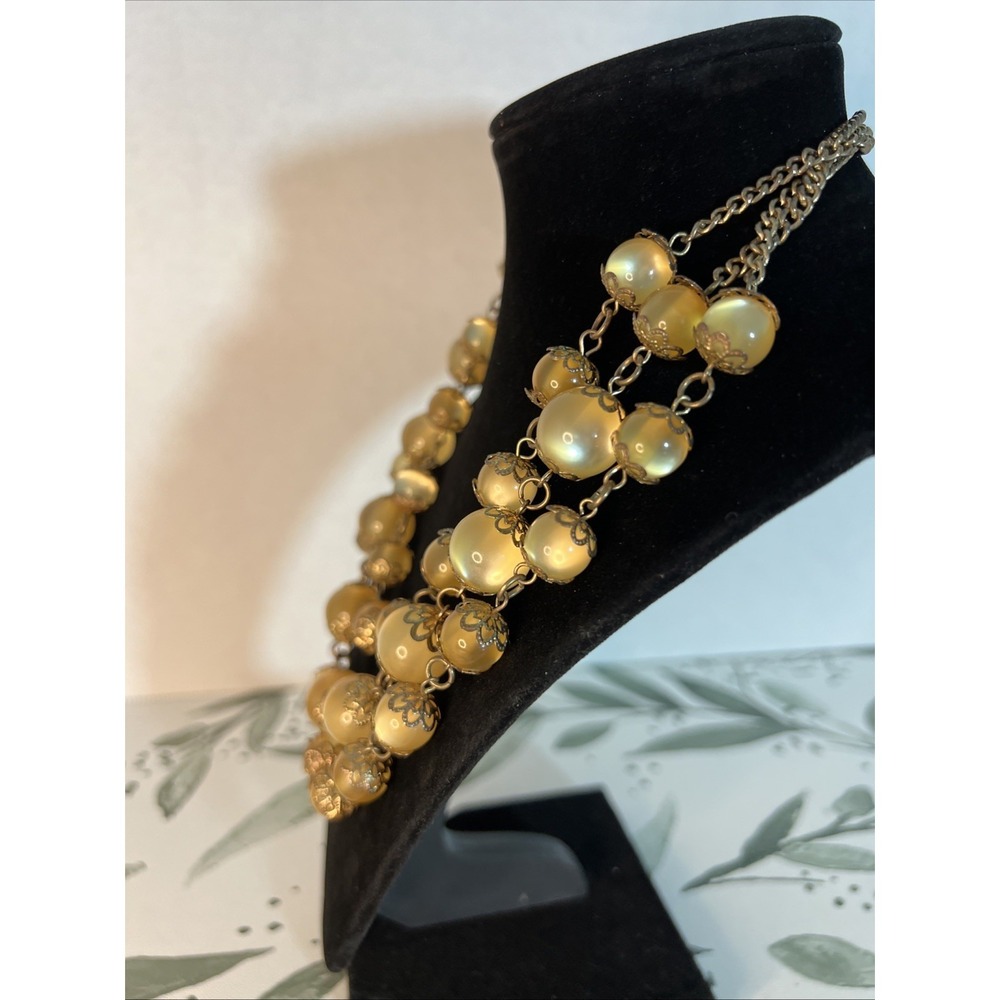 Vintage Butterscotch Lucite Beaded Necklace Multi Strand Filigree Caps Bib 1950s - Picture 6 of 8